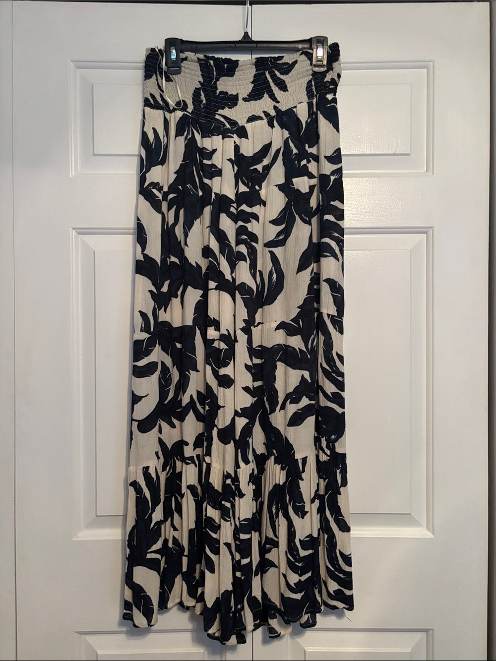 Elan Black & Cream Floral Pleated Maxi Skirt with Smocked Waist